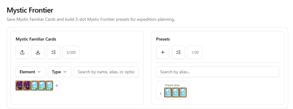 Mystic Frontier Cards and Presets